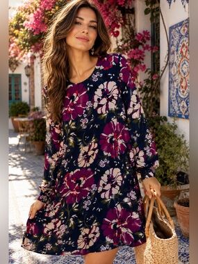 Tommy Hilfiger Floral Long Sleeve Shift Dress Size 10 Navy Magenta
